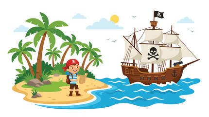 Obraz premium A young child dressed as a pirate holding a paper treasure map stands on a tropical island beach with a large wooden ship in the ocean under a clear sky.