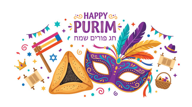 A detailed purple mask with colorful feathers sits beside a hamantaschen pastry and a traditional grogger for a decorative Purim celebration graphic on white background.