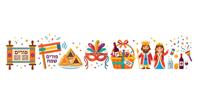 A festive line of colorful Purim celebration icons including a scroll, grogger, hamantaschen, mask, gift basket, and royal couple sits against a plain white background.