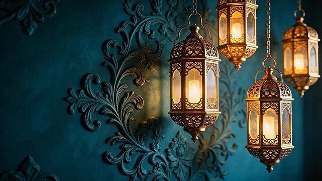 Ornate lanterns on decorative wall