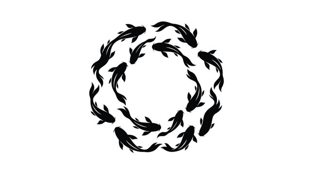 Minimalist black vector illustration featuring a circular formation of artistic swimming koi fish silhouette shapes