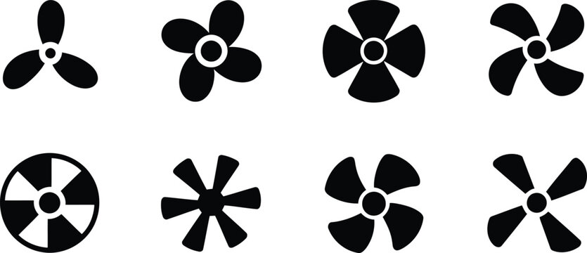 Fan blade icon set eight black silhouette designs for ventilation and cooling systems