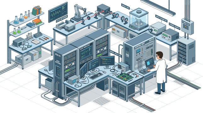 A male researcher in a white coat operates a computer workstation amidst an isometric laboratory environment with electronic control units and data server equipment in cool tones.