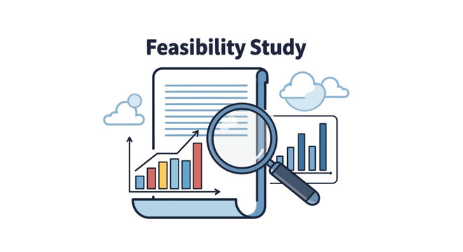 Feasibility Study Concept: Magnifying Glass Over Charts and Graphs