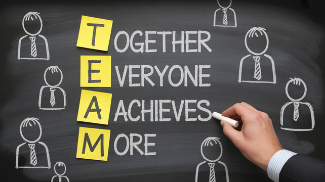 Hand writing teamwork motivational quote on chalkboard with yellow sticky notes and stick figures