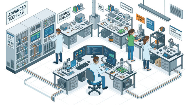 Multiple scientists conduct research and development tasks within a bustling isometric technology lab filled with advanced computing hardware and specialized electronic prototyping
