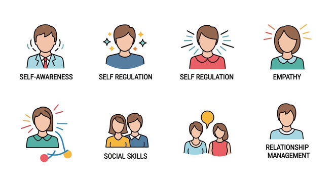 Emotional Intelligence Skills Icons: Self-Awareness, Empathy, Social Skills, Relationships