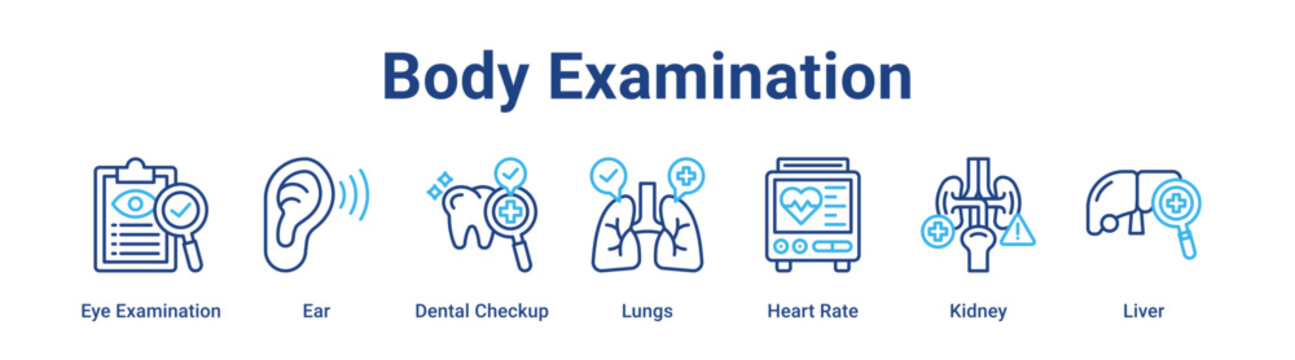 Body Examination web banner icon vector illustration concept for healthcare with icon of Eye Examination, Ear, Dental Checkup, Lungs, Heart Rate.