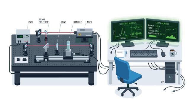 A technical illustration shows a laser optics experiment with components on a breadboard connected to computer monitors displaying spectrum analysis data.