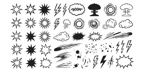 Set of hand drawn comic book explosion and blast effect icons for design and illustration projects ©  creative  marlia