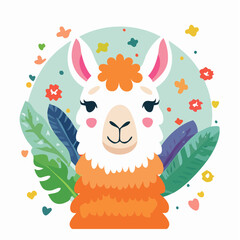 Naklejka premium Cute Llama Illustration with Tropical Leaves and Flowers