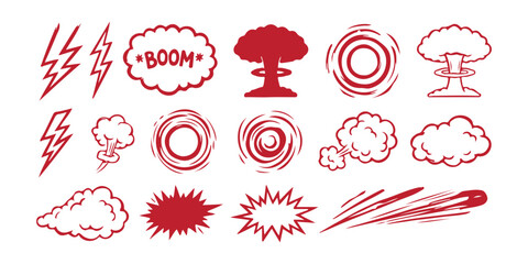 Set of cartoon explosion and comic action effect icons in red and white colors ©  creative  marlia