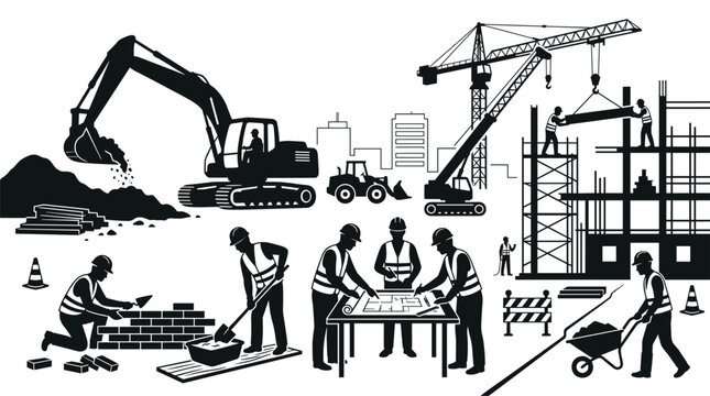 A monochromatic silhouette graphic depicting construction workers collaborating on architectural blueprints with heavy machinery and building structures against a stark white backg