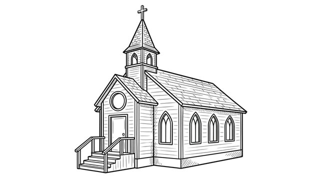 Detailed black and white vector illustration of a classic religious chapel with a tall steeple