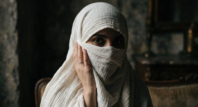 Woman wearing white hijab and niqab in dark room