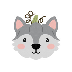 Naklejka premium Cute wolf pumpkin illustration. Hand drawn digital watercolor grey wolf cub character for children autumn design. Funny woodland animal Halloween clipart isolated on white.