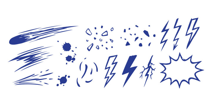 Set of hand drawn purple comic book action elements and motion effects
