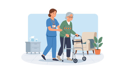 Fototapeta premium A supportive nurse in blue scrubs helps an elderly woman with a metal walker move across a room with a comfortable chair and a small side table in a digital illustration.