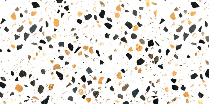 Abstract terrazzo pattern with black and orange stone chips and pebbles