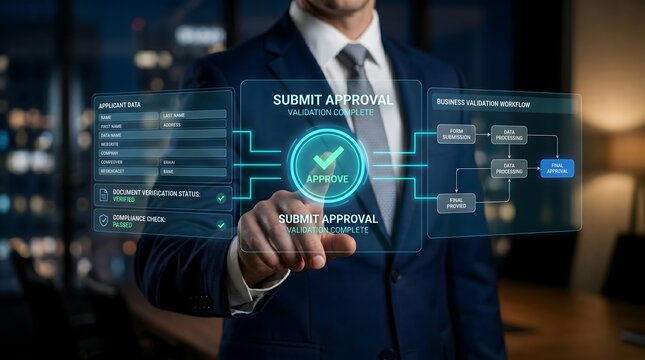 Corporate manager pushing submit approval button on holographic business validation workflow dashboard for document compliance verification
