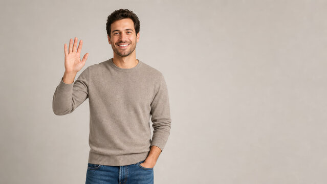 Cheerful man waving hand beige knit sweater studio portrait friendly greeting welcome