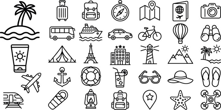 Travel and Tourism Line Icons Set Summer Vacation Vector Elements .34 Minimalist Travel Adventure Icons Passport, Luggage, Cruise, and Camping . Black Outline Travel Icon Pack for Maps UI Design