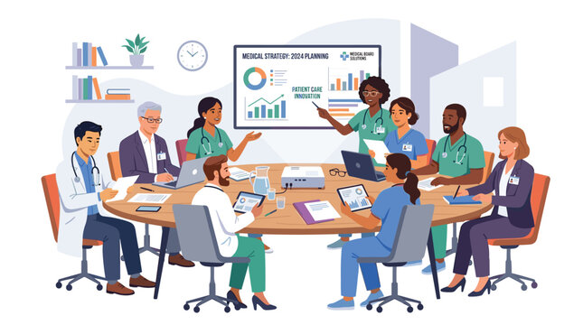 A team of doctors and medical staff collaborates at an oval table during a planning session with laptops and tablets while viewing a projected strategy chart display.