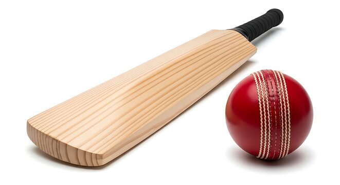 Cricket bat and red leather ball on white background sports equipment