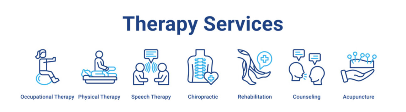 Therapy Services web banner icon vector illustration concept for medical with icon of Occupational Therapy, Physical Therapy, Speech Therapy, Chiropractic, Rehabilitation.