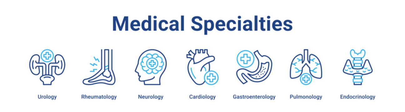 Medical Specialties web banner icon vector illustration concept for medical with icon of Urology, Rheumatology, Neurology, Cardiology, Gastroenterology.