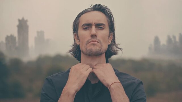 Man adjusts hair and shirt collar in abandoned cityscape, lost in post‑apocalyptic world with collapsed civilization and lost communication