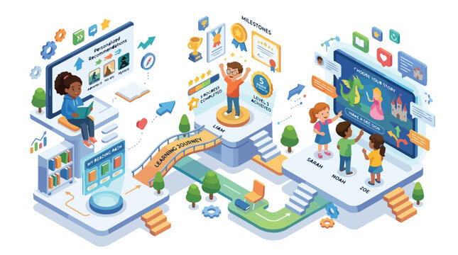 Interactive online learning platform with personalized recommendations and gamified progress tracking for children's educational journey and skill development
