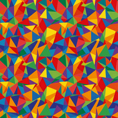 Fototapeta premium Vibrant, seamless, abstract geometric pattern, numerous small, irregularly shaped triangles. Dazzling primary and secondary colors combine, creating a dynamic playful visual.