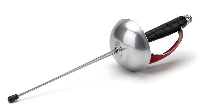 Fencing sword with protective guard and red handle on white background