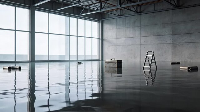 Flooded industrial warehouse interior
