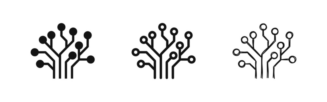 Technology Tree and Circuit Icon Set, Digital Connection Symbols, Solid Outline and Sketch Styles