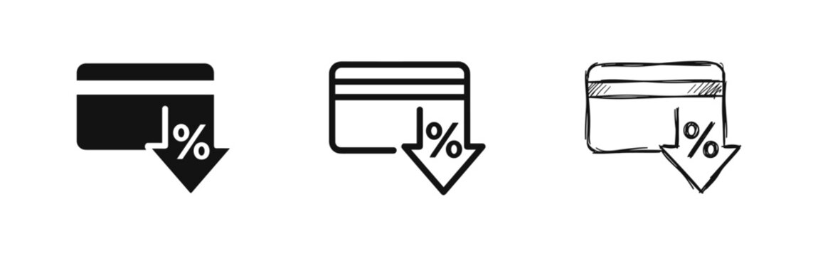 Credit Card with Discount Icon Set, Cashback and Price Drop Symbols, Solid Outline and Hand Drawn Styles