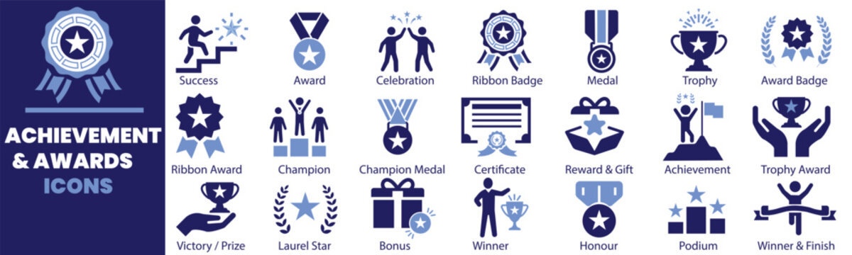 Achievement and award icon collection featuring trophy symbols, winner badges, championship medals, recognition rewards and success celebration elements