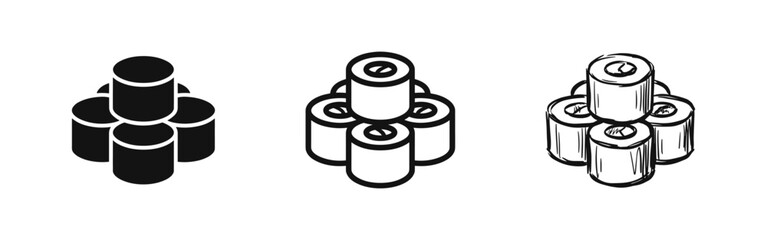 Japanese Sushi Roll Icon Set with Maki Food Illustrations in Solid, Line, and Sketch Styles © drawing lines