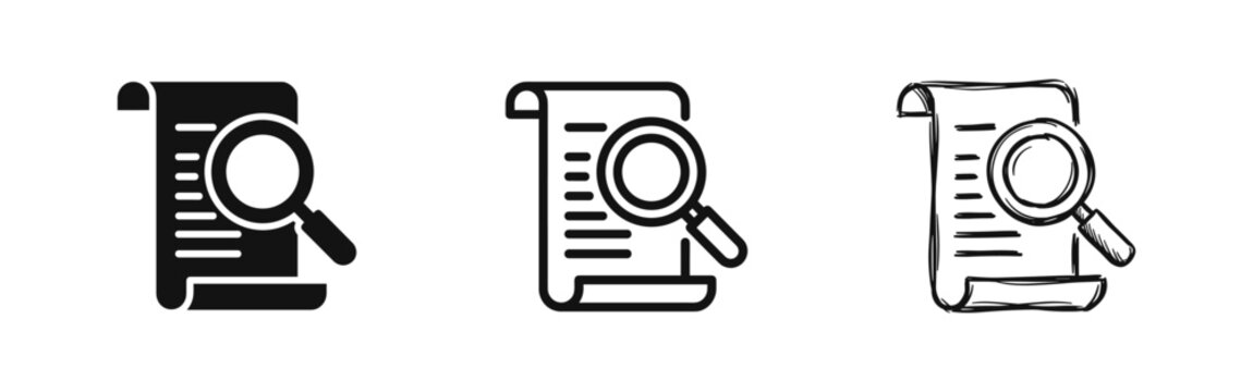 Search Document Icon Set with Magnifying Glass in Solid, Outline, and Hand-Drawn Styles