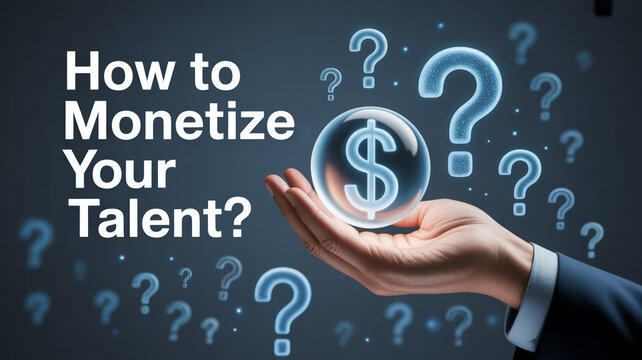 Hand holding dollar sign in glass ball with question marks monetizing talent concept