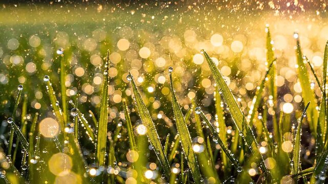 Closeup of dewy grass blades with bokeh lights in the background at sunrise