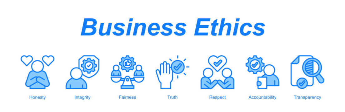 Business Ethics web banner icon concept for with icon of Honesty, Integrity, Fairness, Truth, Respect, Accountability, Trans.