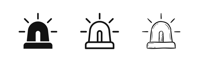 Emergency siren and alarm flasher icon set in solid, outline, and hand-drawn styles for security and safety. © drawing lines