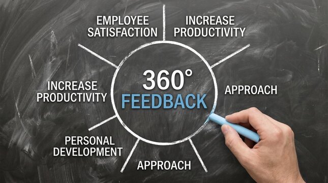 360 degree feedback business diagram on chalkboard, employee satisfaction and productivity strategy, personal development approach for corporate training
