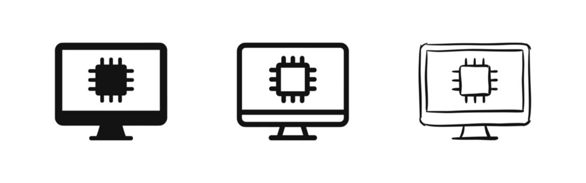 Computer monitor with microchip CPU icon set for hardware, technology, and processor performance.