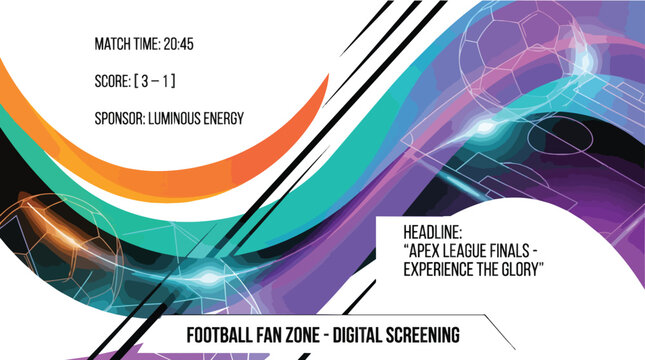 Digital display screen showing a football match with score and sponsor information in a fan zone with colorful wave design.