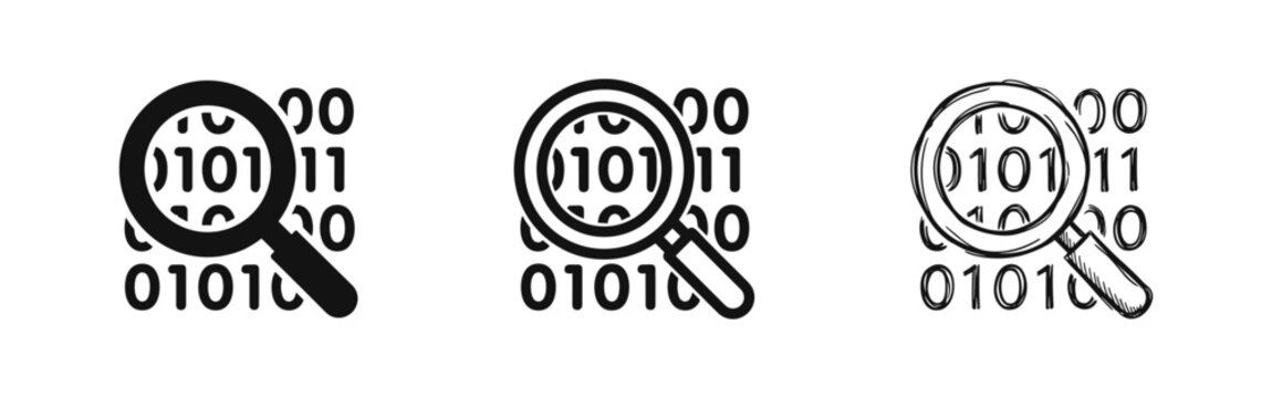 Data Analysis and Binary Code Search Icon Set with Magnifying Glass