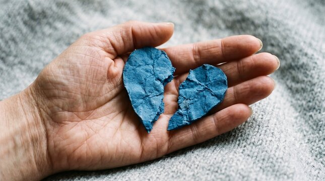 Broken blue paper heart in open palm, conceptual image of heartbreak and emotional pain, person holding torn heart shape against grey fabric background