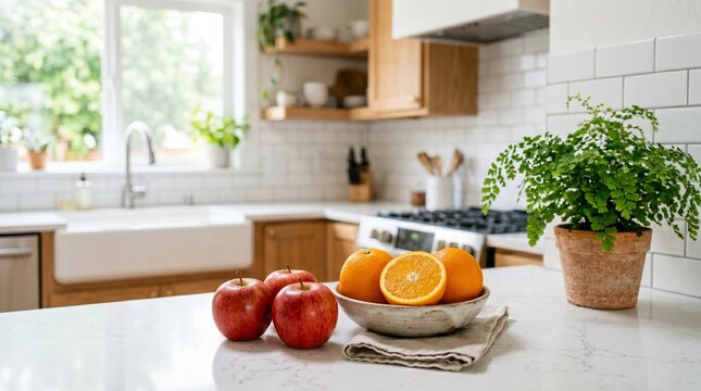 Modern kitchen interior with fresh fruit, bright white marble countertop with red apples and oranges, farmhouse sink and subway tile backsplash